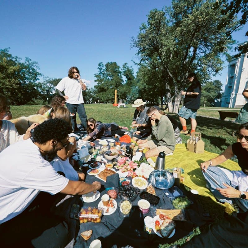 Friends sharing food at a sunny outdoor picnic