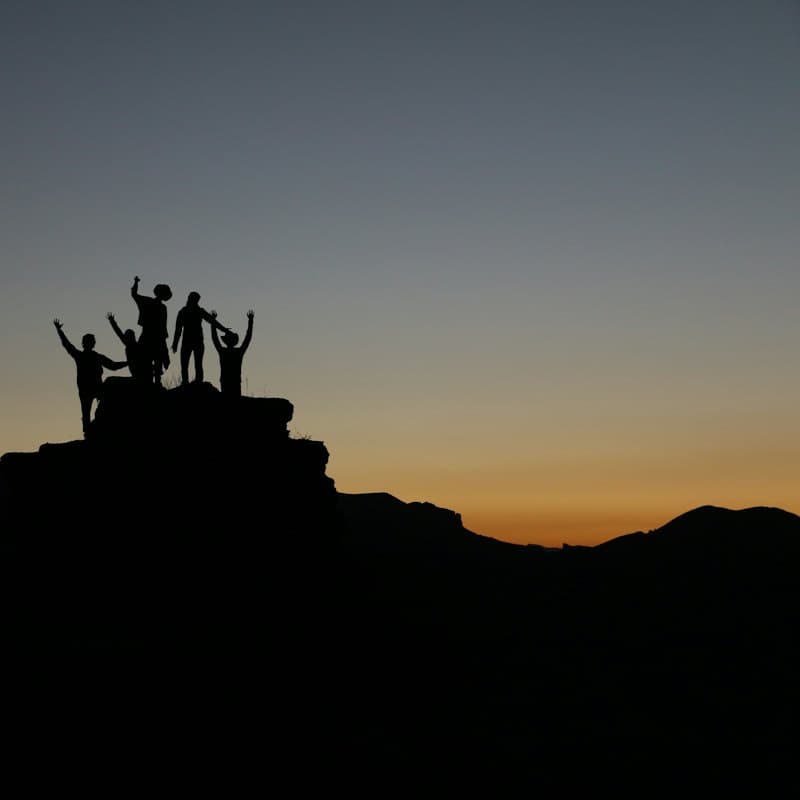 People standing on a hilltop at golden hour, in silhouette