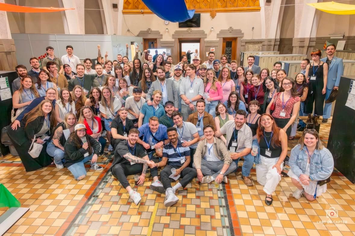 A big group photo at a high school reunion
