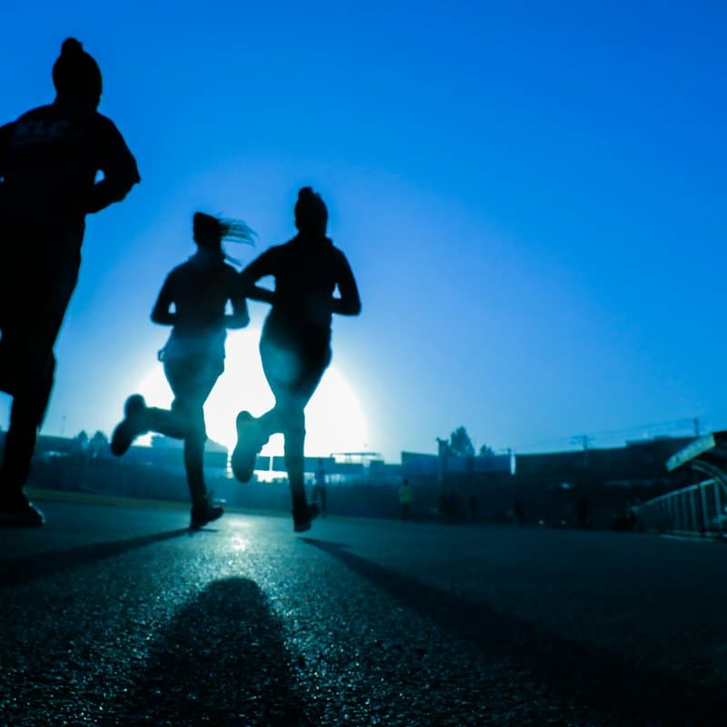 Two runners in silhouette against the sun
