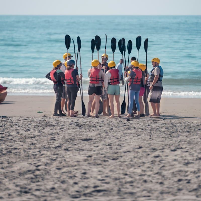A team raising their paddles together on a beach